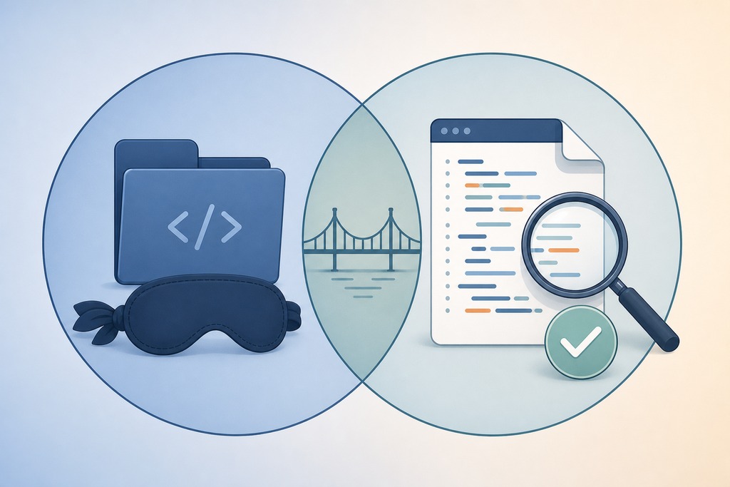 Venn diagram illustrating "vibe coding" with coding icons, a blindfold, and a document with code snippets.