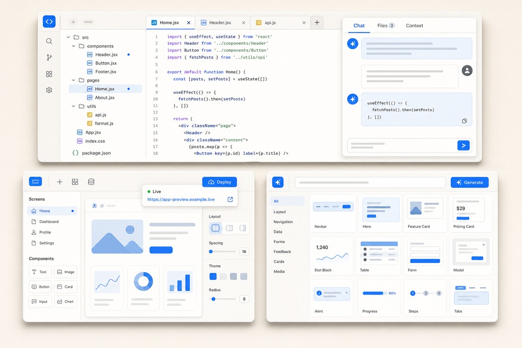 Screenshot of a coding interface featuring React components, code editor, design elements, and UI layout tools for vibe coding.