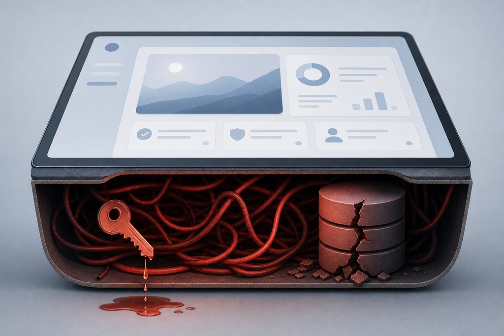 Creative illustration of a digital device revealing tangled wires and a key, symbolizing vibe coding and data security.