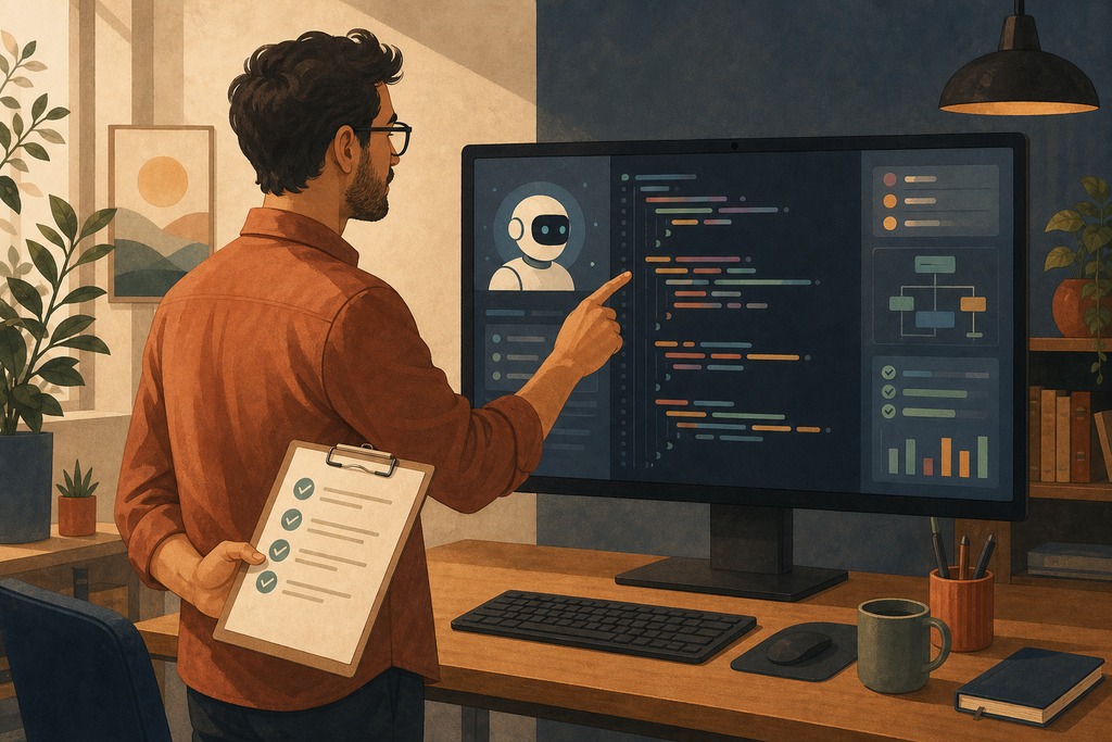 A person with a clipboard points at a monitor displaying code and a chatbot interface in a cozy workspace.