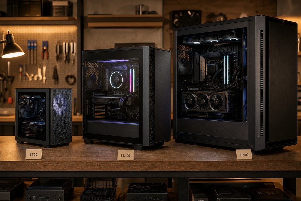 Showcasing three gaming PCs with different specs and prices, highlighting 1440p gaming options for 2026.