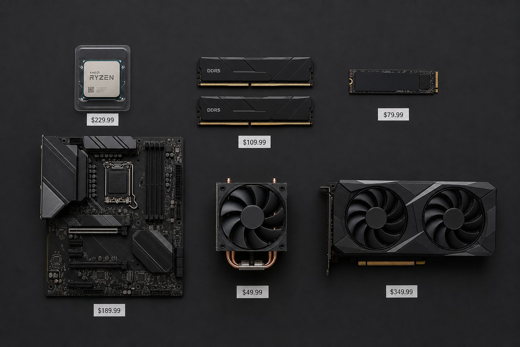 AMD components for a gaming PC on a black background with price tags visible, relevant for 1440p gaming discussions.