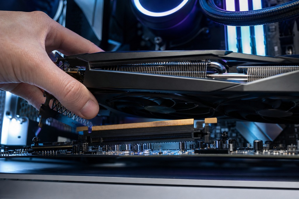 A hand installs a graphics card into a motherboard inside a modern gaming PC setup.