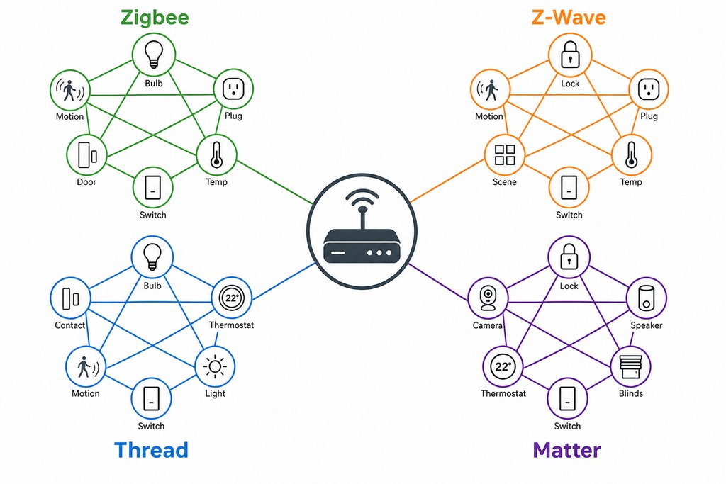 Comparison of smart home protocols including Zigbee, Z-Wave, Thread, and Matter with connected devices.