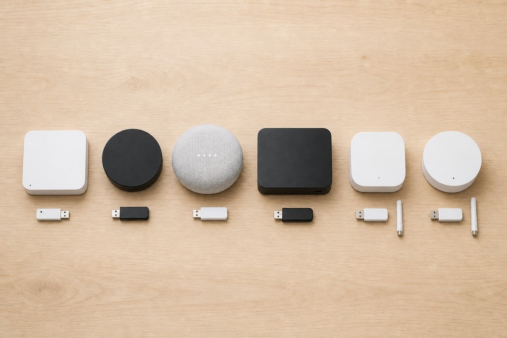 Various smart home hubs and USB devices arranged on a wooden surface for a local smart home hub comparison.