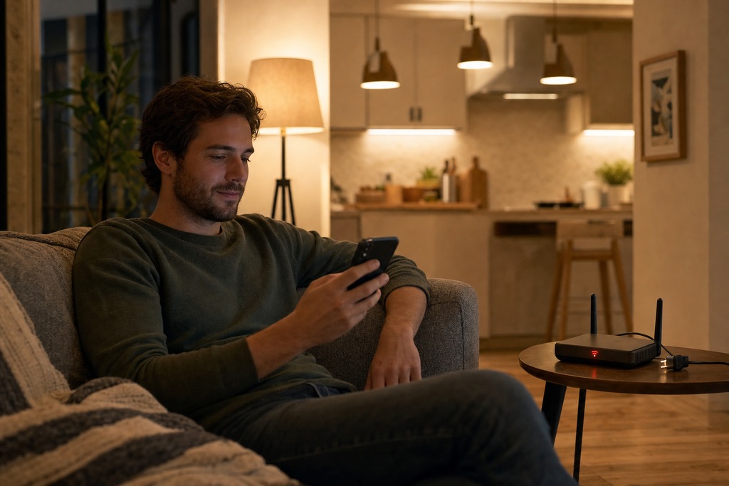 A man sits on a sofa using a smartphone next to a local smart home hub in a cozy living room setting.