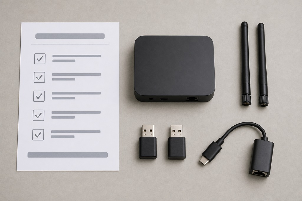 A smart home hub with antennas, USB adapters, and a checklist document on a neutral background.