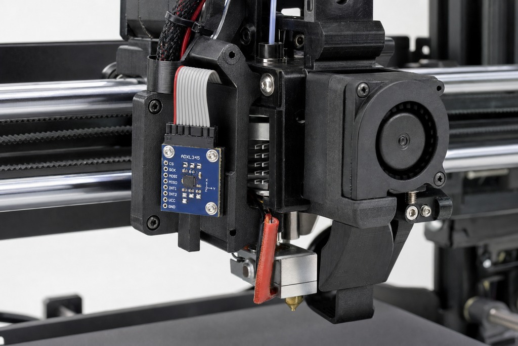 Close-up of a 3D printer's hotend assembly featuring wiring and a sensor, relevant for input shaping calibration explained.