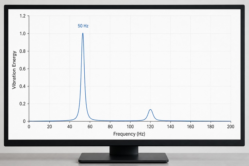 Graph displaying vibration energy across frequencies, emphasizing a peak at 50 Hz for input shaping calibration.
