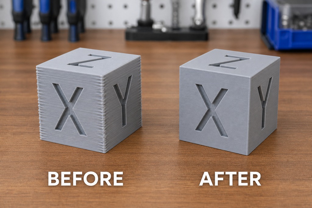 Comparison of two 3D printed cubes labeled "Before" and "After" demonstrating input shaping calibration results.