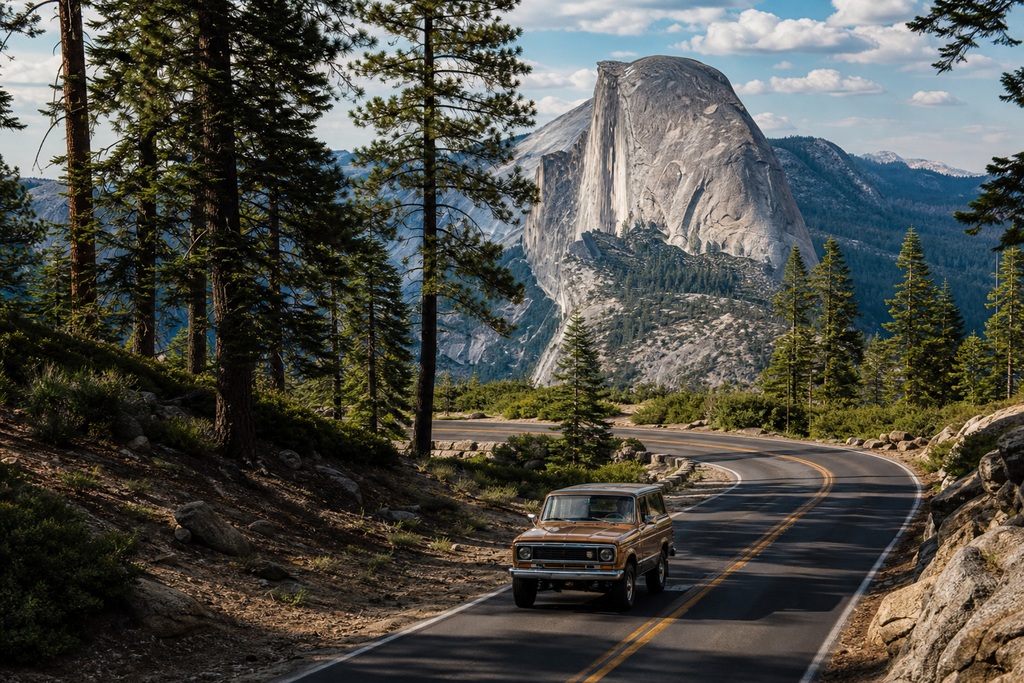 Vintage SUV driving along a winding road with Half Dome rock formation in Yosemite National Park, surrounded by tall trees.