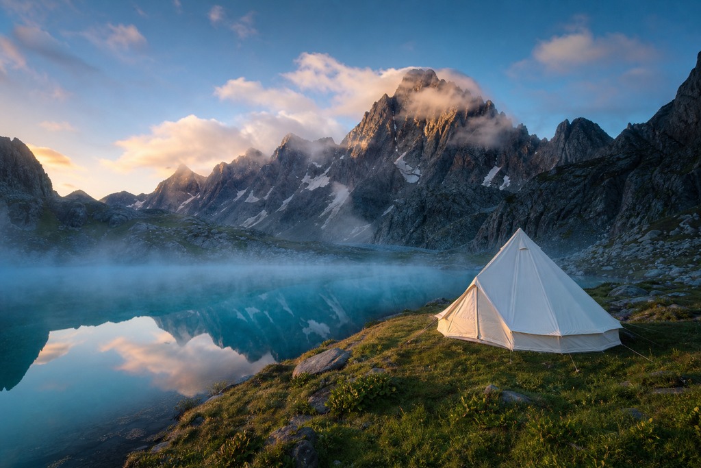 Scenic view of a white tent by a calm lake with mountains reflecting in the water at sunrise, ideal for outdoor enthusiasts.
