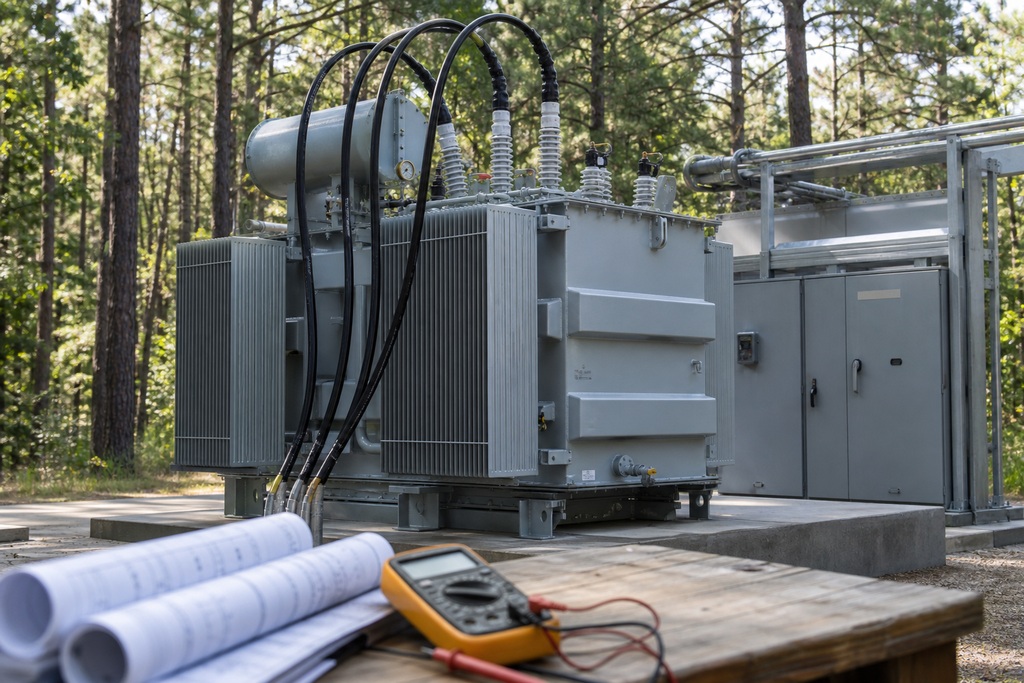Campground electrification outlet box with multiple plugs and circuit breakers installed on a post in a gravel area.