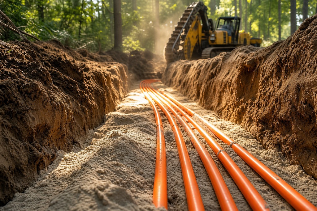 Excavated trench with orange electrical cables for campground electrification surrounded by trees in a forest.