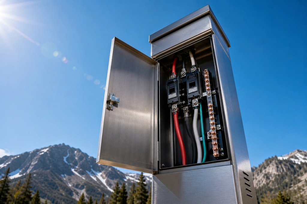 Stainless steel electrical panel open with wires, set against a mountainous backdrop, highlighting campground electrification.