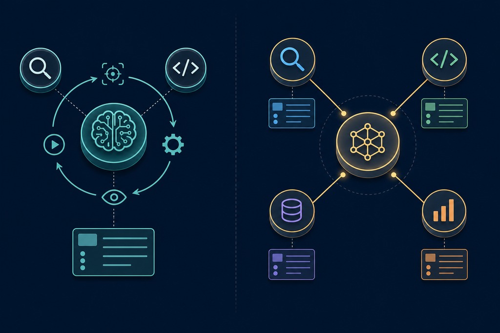 Comparison of single AI agents and multi-agent systems with graphics of brain and interconnected nodes.