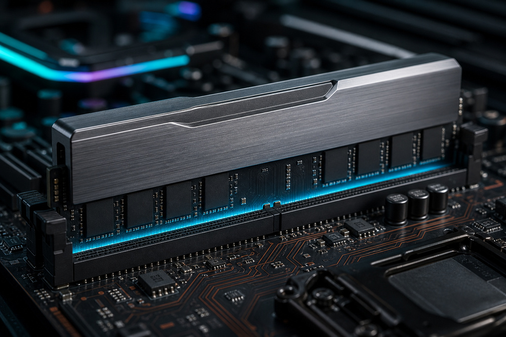 Close-up of a RAM module installed on a motherboard, showcasing a sleek design and RGB lighting for DDR6 vs DDR5 comparison.