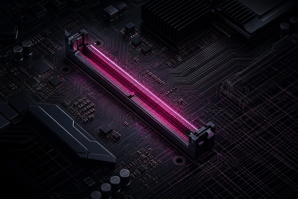 Close-up of a motherboard with an illuminated DDR memory slot, contrasting DDR6 vs DDR5 technology.