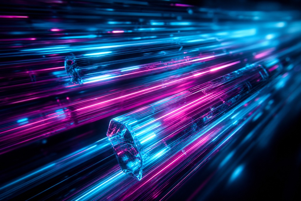 Abstract glowing glass tubes in blue and pink, representing advanced technology concepts like DDR6 vs DDR5.