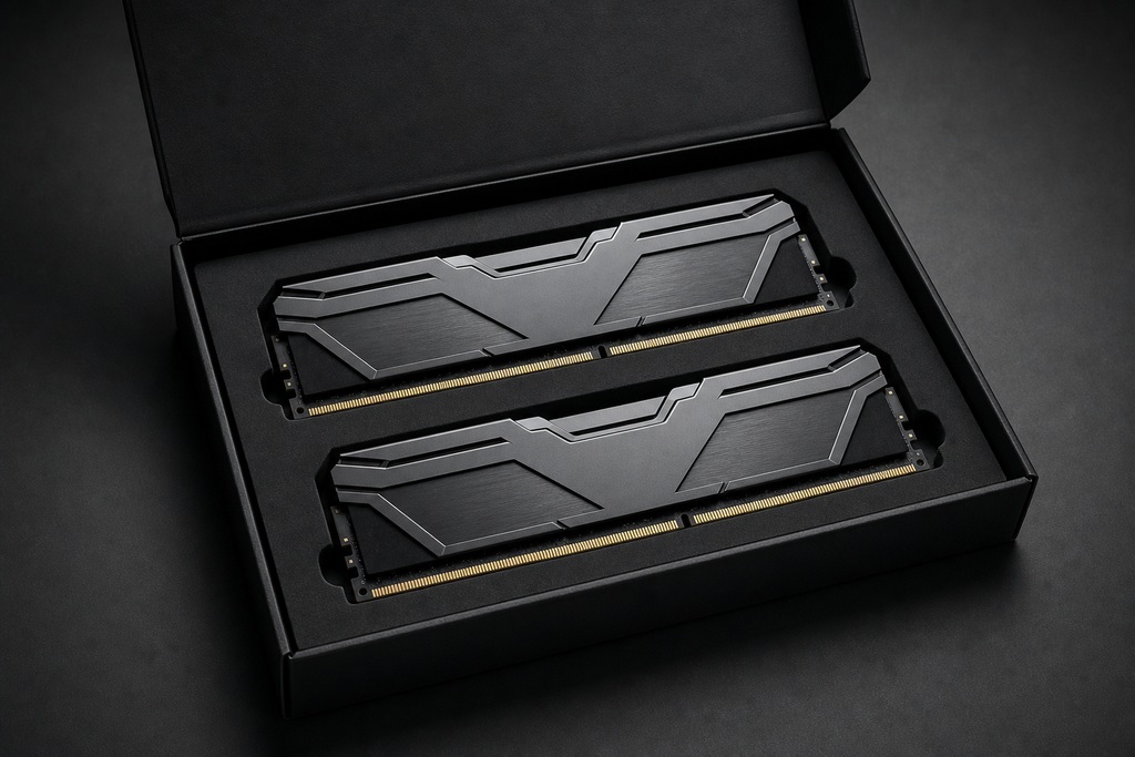 Close-up of two sleek black RAM sticks in a dark box, illustrating the design for DDR6 memory.