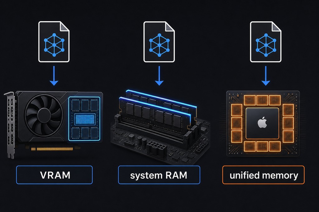 Comparison of VRAM, system RAM, and unified memory for local AI applications, with labeled components.