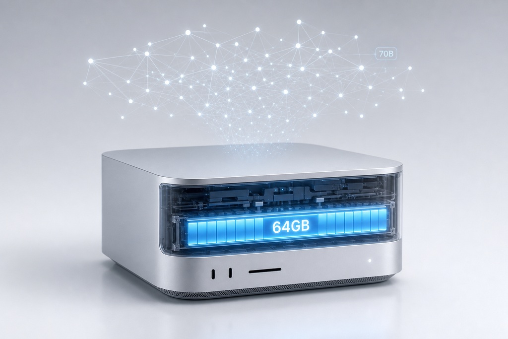 A sleek computer with visible 64GB RAM and digital network connections above it.
