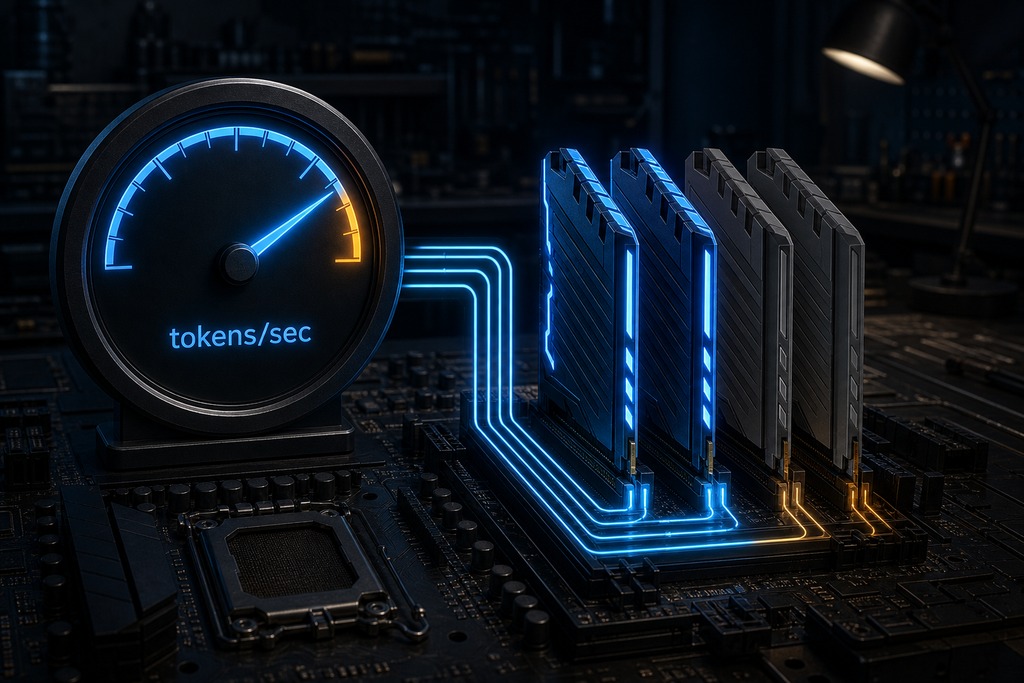 A digital illustration showing RAM modules with a gauge measuring performance in tokens/sec, representing AI processing.