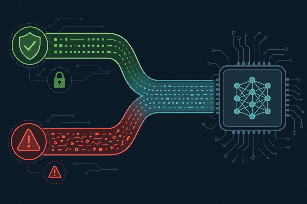 Illustration of a circuit board with green security icons and red warning symbols representing prompt injection attacks on AI agents.