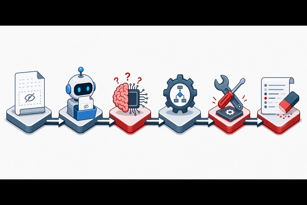 Illustration showing the process of prompt injection attacks on AI agents, featuring a robot, brain, and tools.