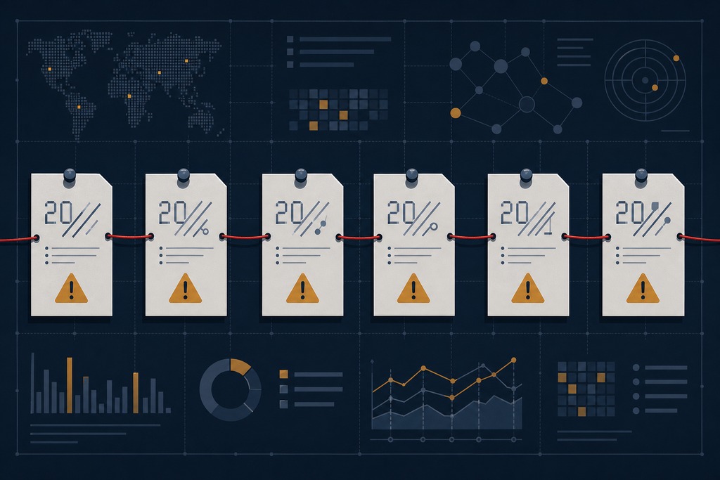Image displaying multiple warning tags on a dark background, featuring data graphs, maps, and prompt injection attack alerts.
