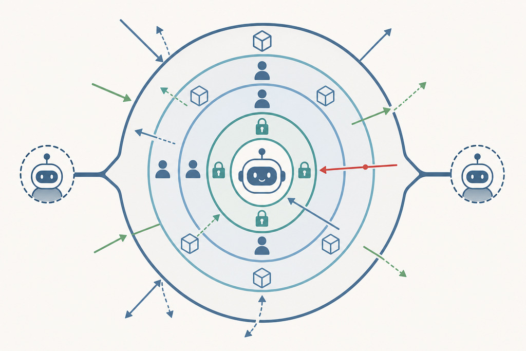 Diagram illustrating prompt injection attacks on AI agents, featuring bots, users, and data flows with security indicators.