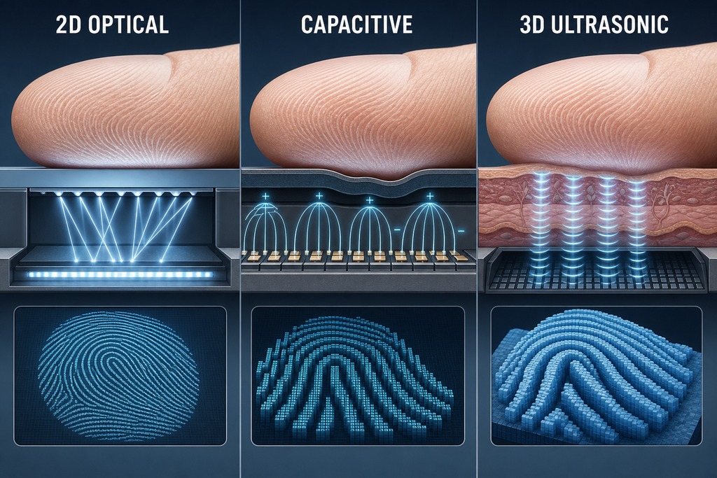 Infographic comparing 2D optical, capacitive, and 3D ultrasonic fingerprint technologies for biometric smart locks.