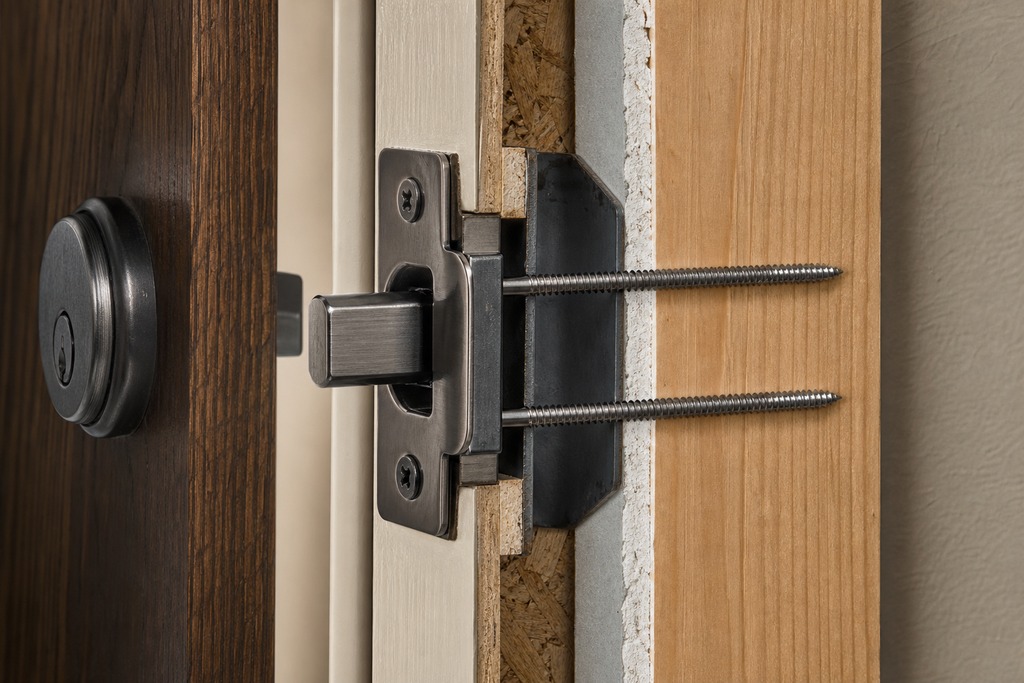 Close-up of a secure door locking mechanism, showcasing components for biometric smart locks.