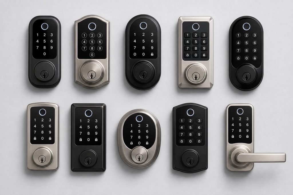 A collection of biometric smart locks featuring keypads in various designs and finishes.