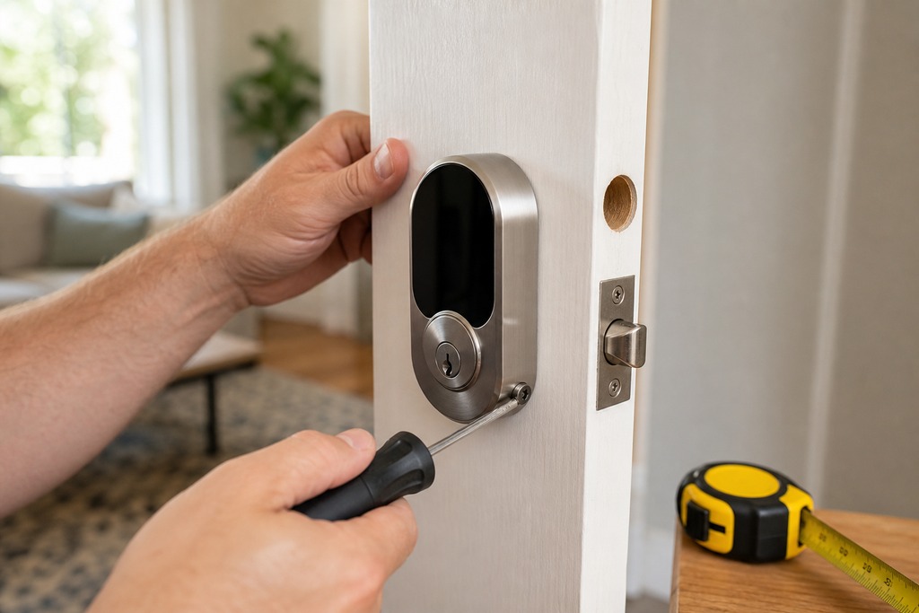 A person installs a biometric smart lock on a wooden door with a screwdriver and measuring tape nearby.