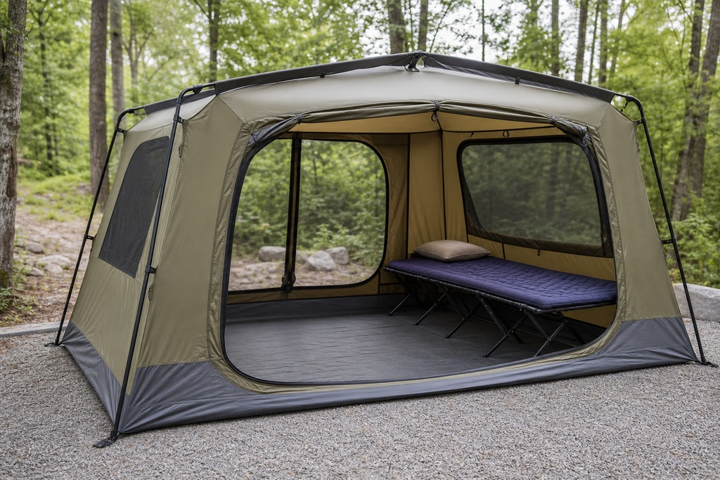 Spacious tent with a folding cot, ideal adaptive camping gear for beginners in a forested area.