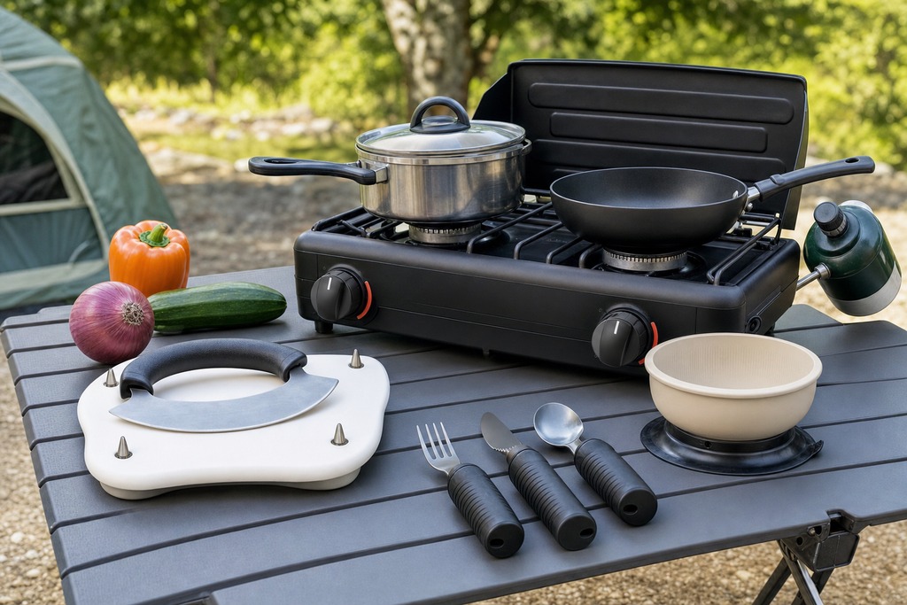 Camping stove with cookware, utensils, and fresh vegetables on a table, ideal for adaptive camping gear for beginners.