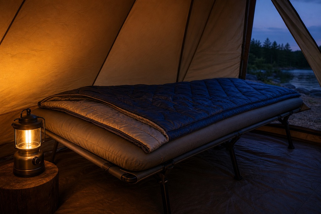 Cozy camping setup featuring a foldable cot, warm quilt, and lantern inside a tent, perfect for beginners.