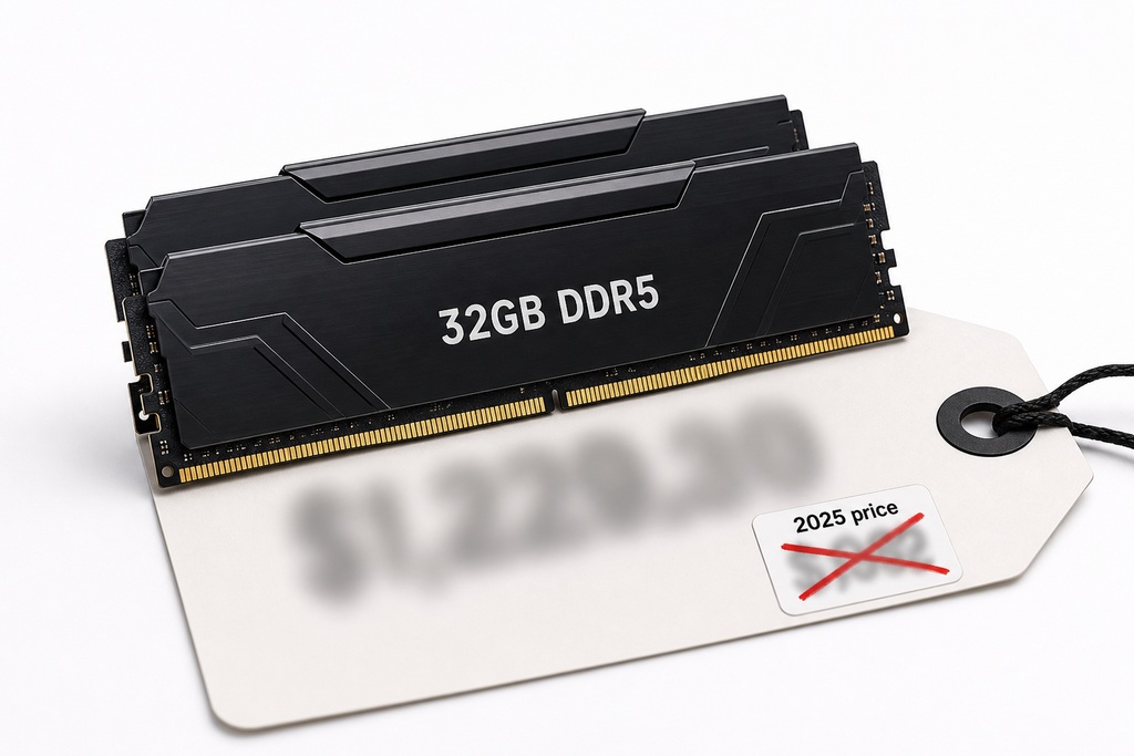 Two 32GB DDR5 RAM sticks placed next to a blurred price tag highlighting the transition to 2026 RAM prices.
