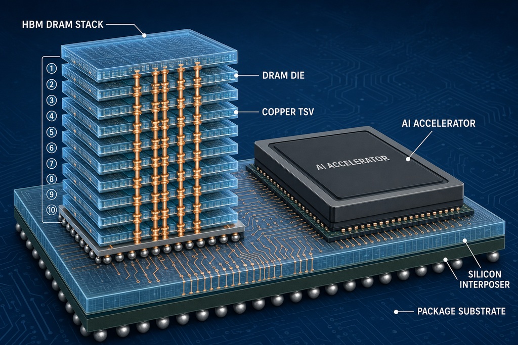 3D illustration of HBM DRAM stack with AI accelerator and components, related to ram prices 2026.