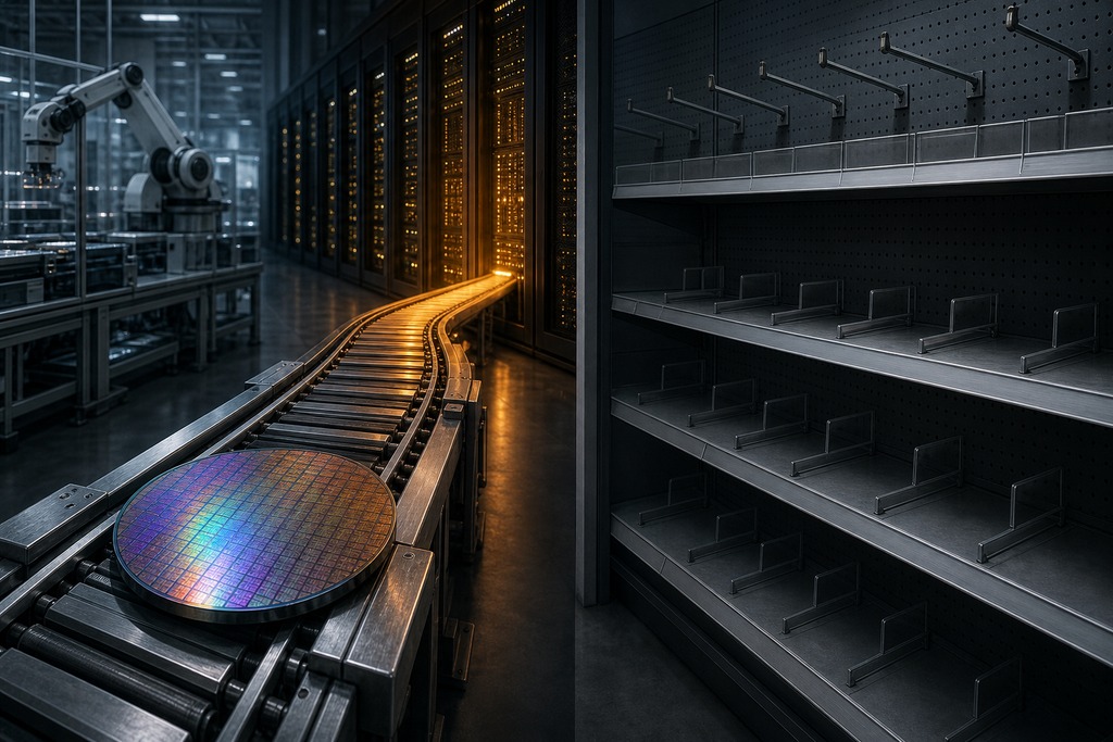 A conveyor belt in a high-tech facility carries a silicon wafer toward empty shelves, reflecting potential ram prices in 2026.