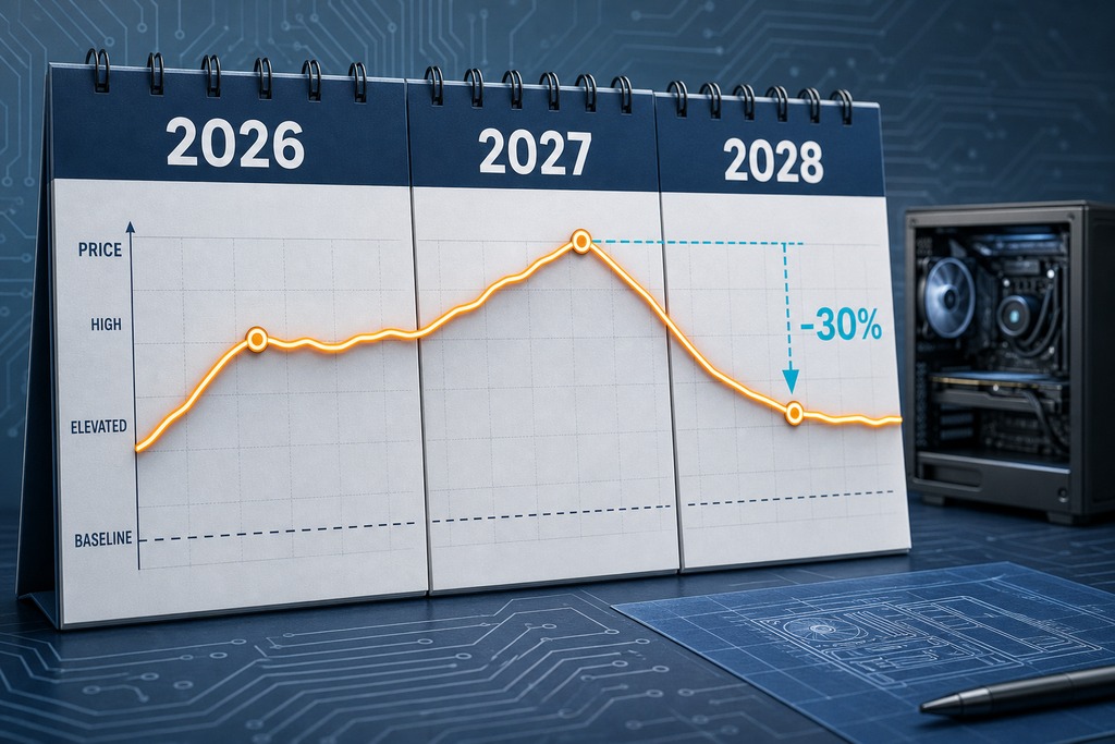Chart displaying projected RAM prices from 2026 to 2028, with a noticeable drop in 2028.