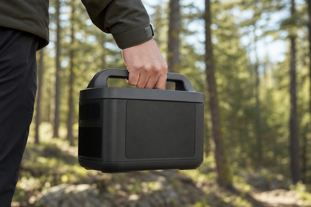 A hand placing a portable power station into a camping bag surrounded by a compass, rope, and mug.