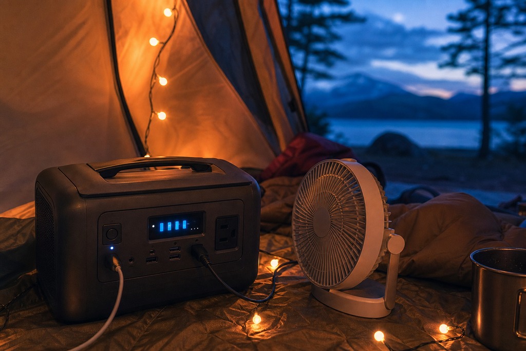 A portable power station powers a fan inside a camping tent, illuminated by soft string lights at dusk.
