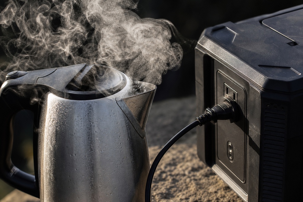 Portable power station connected to an electric kettle boiling water in a forest camping setting.