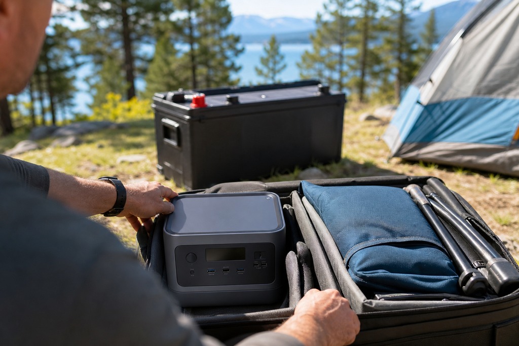 Portable power station, blender, and tablet set up on a mossy log near a camping tent in a forest.
