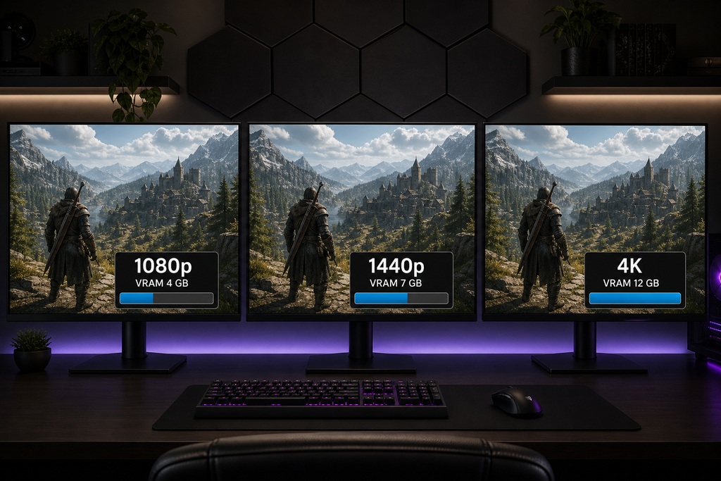 Three monitors displaying different resolutions and VRAM requirements for gaming: 1080p (4 GB), 1440p (7 GB), and 4K (12 GB).