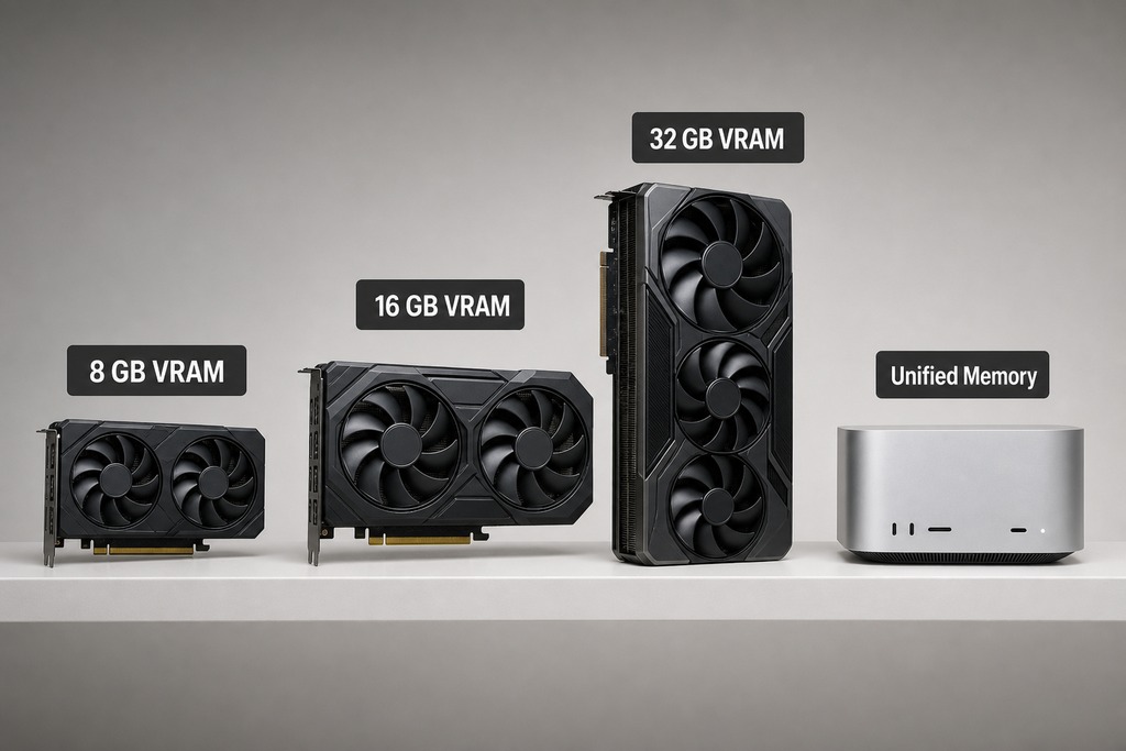 Image showcasing three graphics cards labeled 8 GB, 16 GB, and 32 GB VRAM, alongside a device labeled Unified Memory.