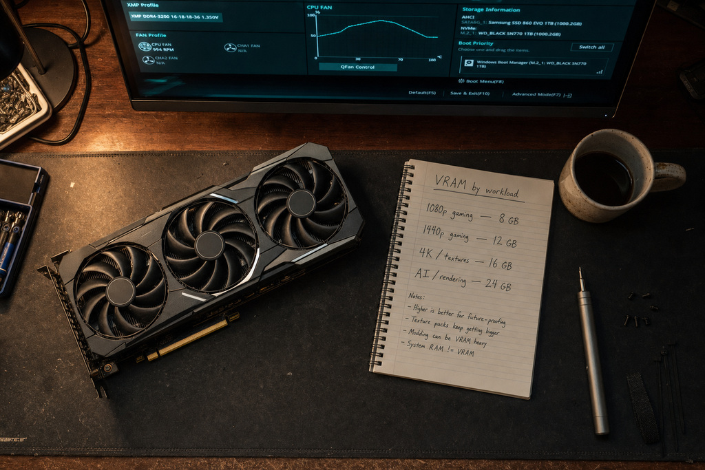 Image of a graphics card, notebook detailing VRAM needs for gaming and AI, and a coffee cup on a desk.