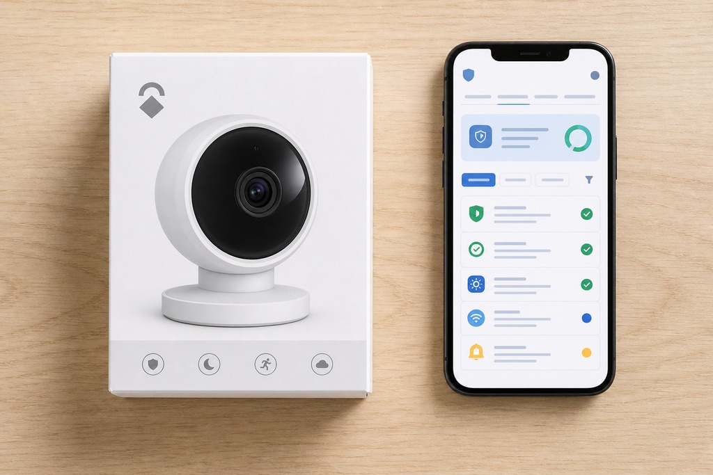 Matter cameras compatibility guide featuring a camera box and a smartphone displaying a settings app.
